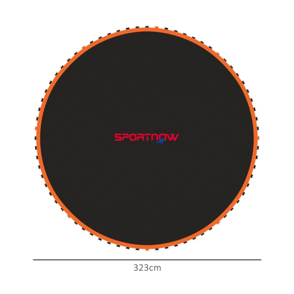 Grafik der Matte mit Maßangaben: Durchmesser 323 cm, schwarze Fläche mit orangem Rand.
