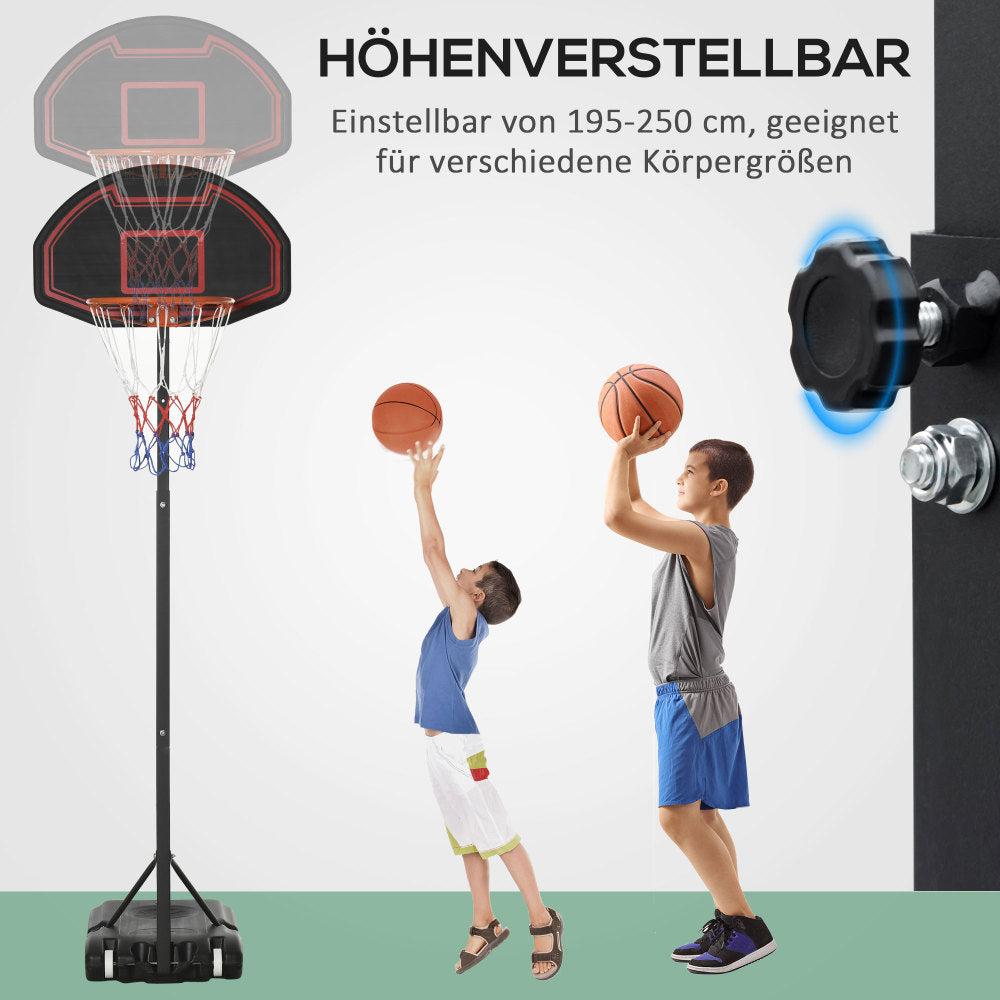 Grafik zeigt Kinder verschiedener Größe beim Werfen, demonstriert die Höhenverstellbarkeit per Drehknauf.