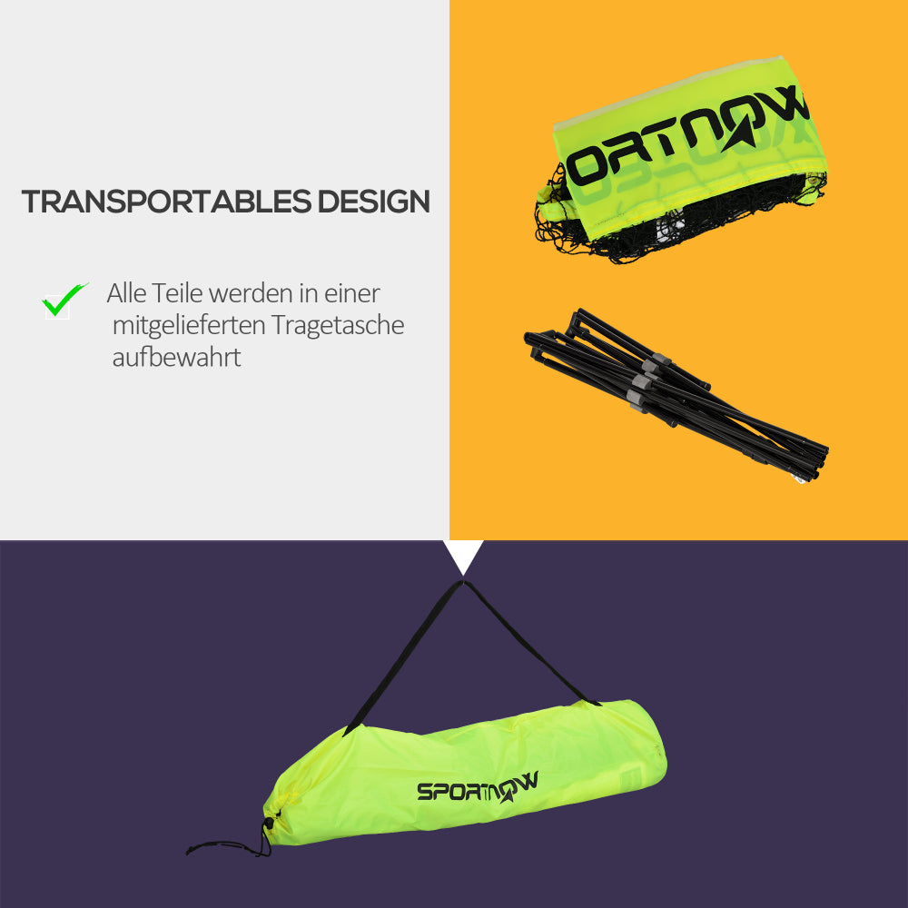 Grafik zeigt das zerlegte Gestänge und die neongrüne Tasche mit dem Hinweis, dass alle Teile darin Platz finden.