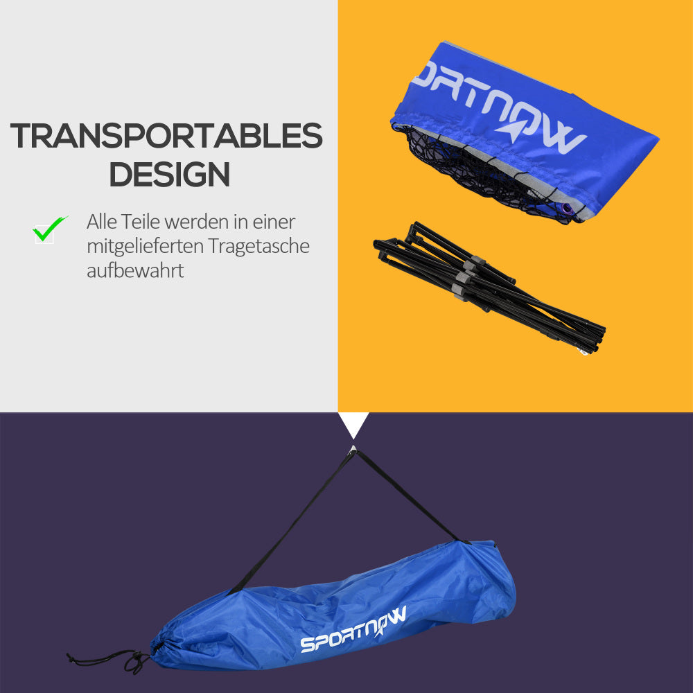 Grafik zeigt die zerlegten schwarzen Stangen und die blaue Tasche ("Alle Teile passen in die mitgelieferte Tragetasche").