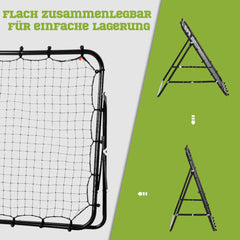 Grafik zeigt, wie der Rebounder flach zusammengeklappt werden kann ("Flach zusammenlegbar für einfache Lagerung").