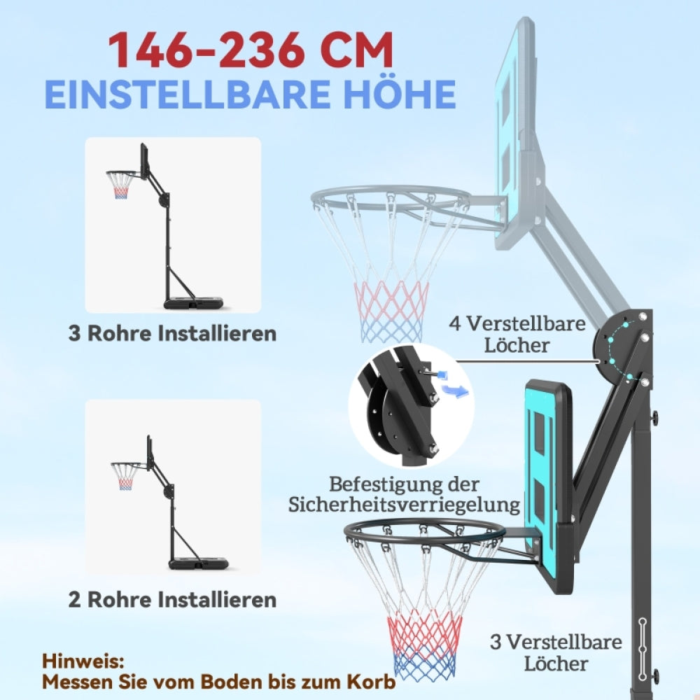 Grafik zur Höhenanpassung (146-236 cm) durch Installation von 2 oder 3 Rohren.