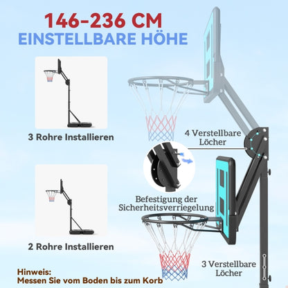 Grafik zur Höhenanpassung (146-236 cm) durch Installation von 2 oder 3 Rohren.