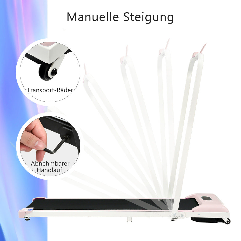 Grafik zur manuellen Steigung (Manuelle Steigung), zeigt die verstellbaren Füße des rosa Laufbands.