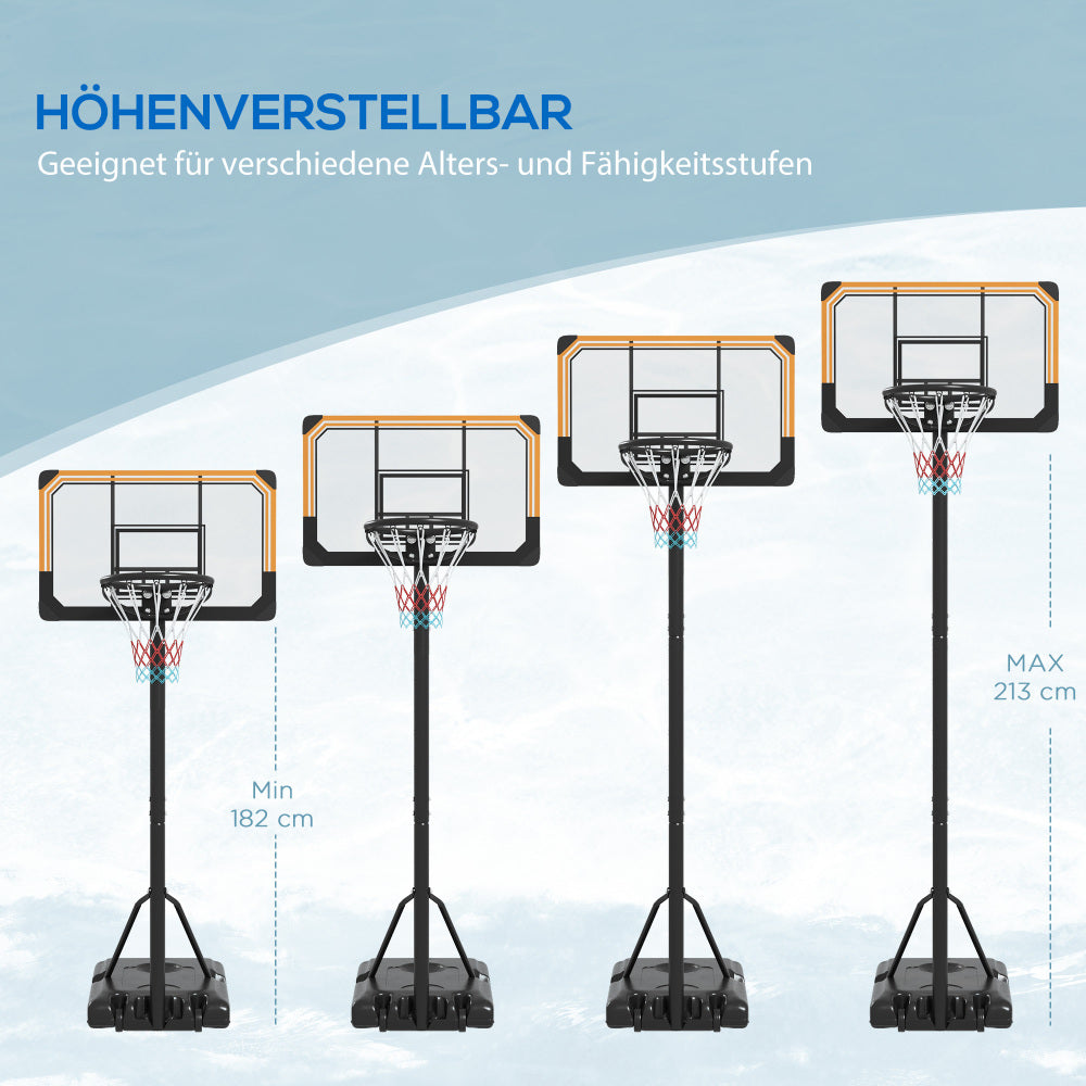 Grafische Darstellung der 6 verschiedenen Höheneinstellungen des Basketballkorbs von 182 bis 213 cm.