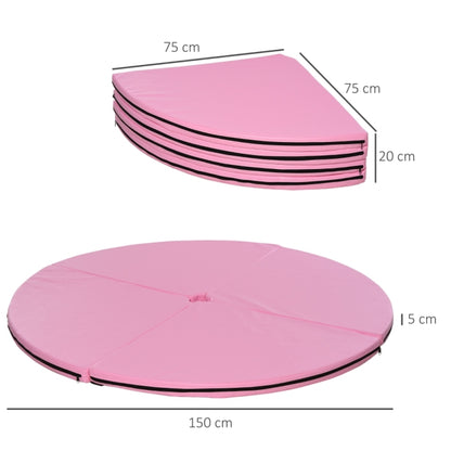 Grafische Darstellung der Maße: 150 cm Gesamtdurchmesser, 5 cm Dicke und 75 cm Faltmaß.