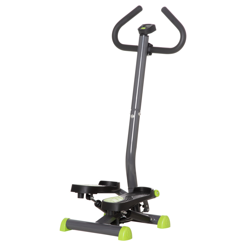 Grau-grüner Swing Stepper mit Haltegriff und rutschfesten Pedalen (Hauptbild).