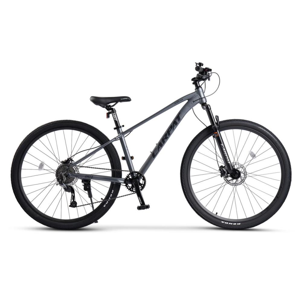 Grau-schwarzes 29 Zoll MTB in Linksansicht mit 80mm Federgabel und 1x9 Antriebssystem