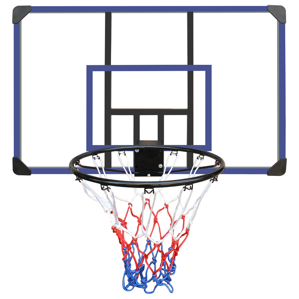 Großer wandmontierter Basketballkorb (112cm) mit blauem Rahmen und Netz auf grauem Hintergrund.