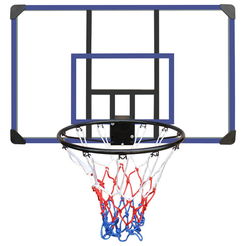 Großer wandmontierter Basketballkorb (112cm) mit blauem Rahmen und Netz auf grauem Hintergrund.