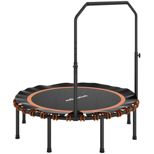 Großes Fitness-Trampolin (Ø 122 cm) in Schwarz mit orangen Bungee-Seilen, Zierring und U-Haltegriff.
