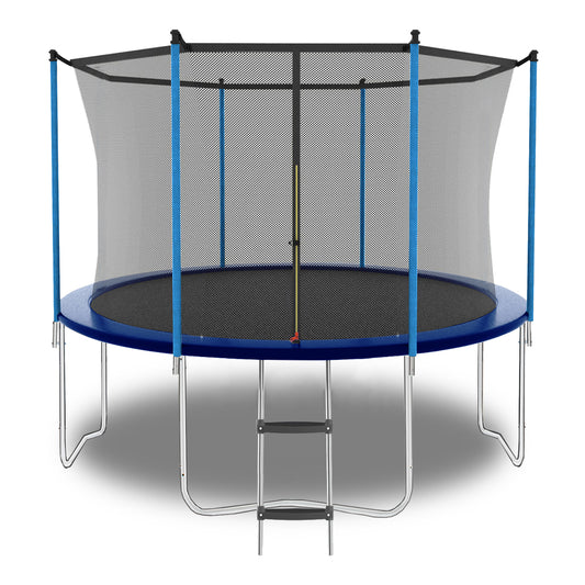 Großes Gartentrampolin Ø 244 cm (8ft) in Blau mit Sicherheitsnetz und Leiter auf weißem Hintergrund.