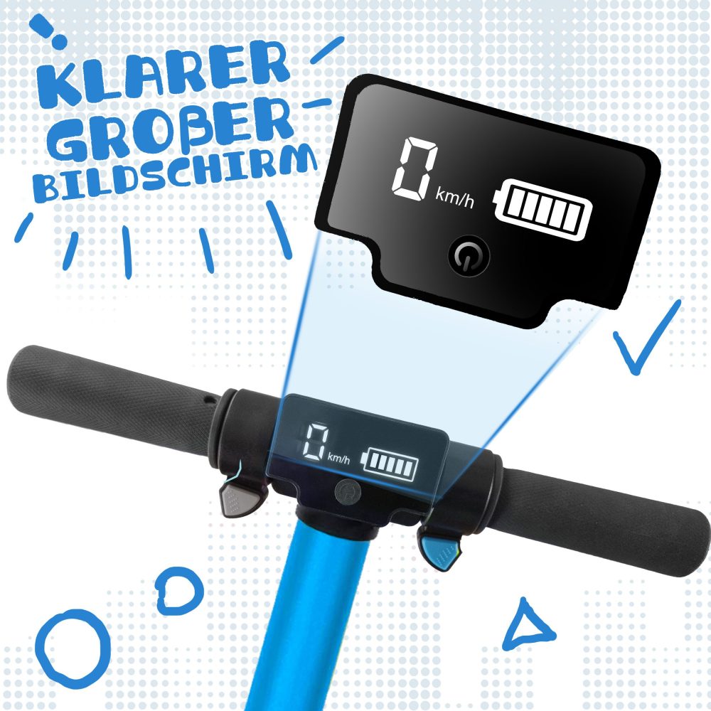 Großes LED-Display am blauen Lenker, das Geschwindigkeit und Akkuladung anzeigt.