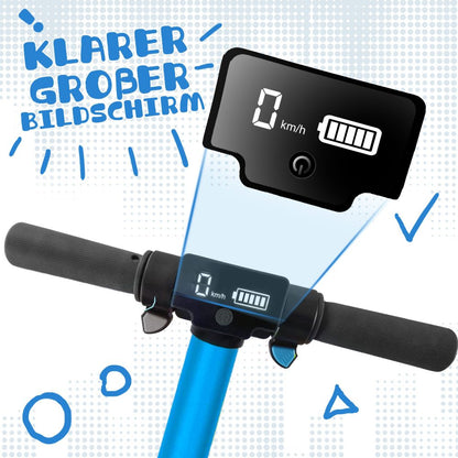 Großes LED-Display am blauen Lenker, das Geschwindigkeit und Akkuladung anzeigt.