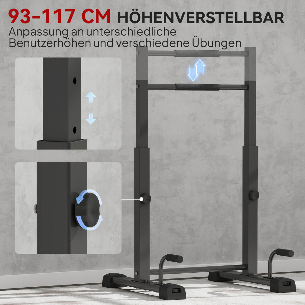 Höhenverstellbar: Detailansicht der Drehknöpfe zur Anpassung (93-117 cm).
