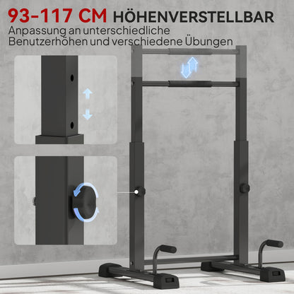 Höhenverstellbar: Detailansicht der Drehknöpfe zur Anpassung (93-117 cm).