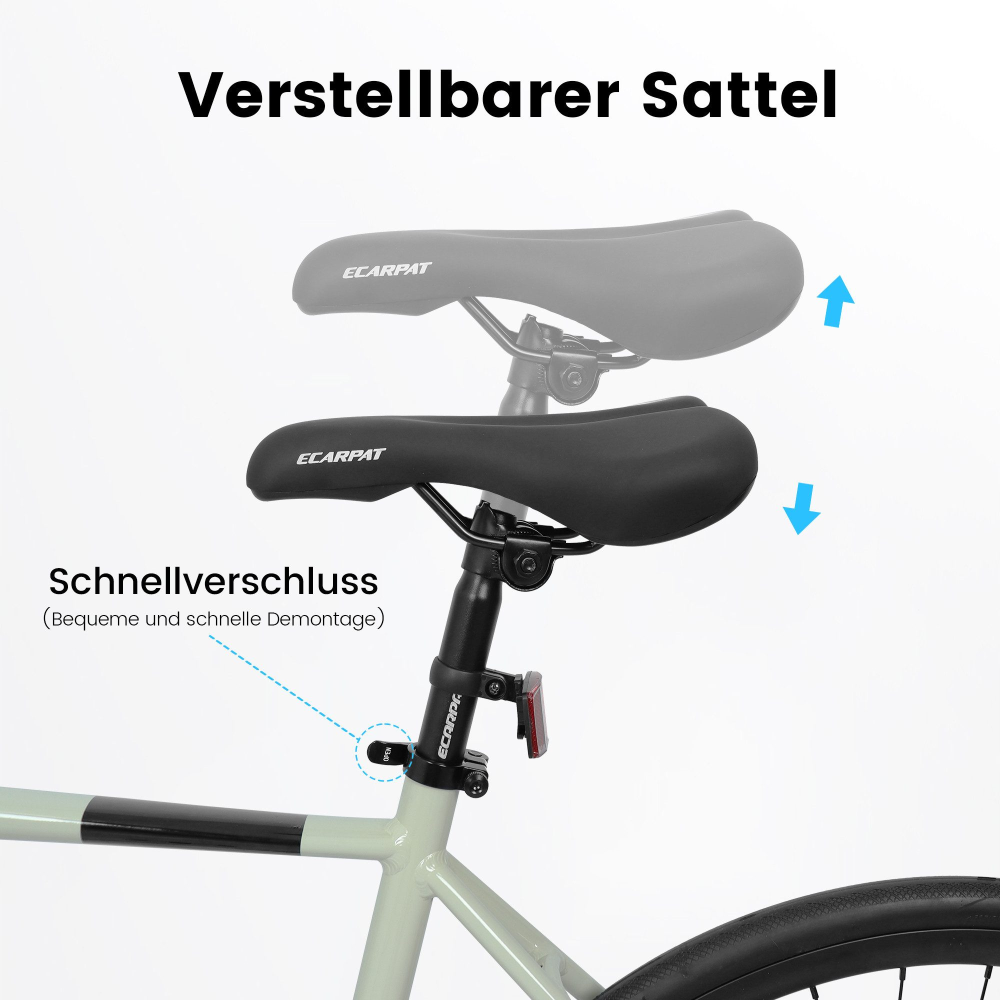 Höhenverstellbarer Komfortsattel mit Schnellspanner für ergonomisches Sitzen.