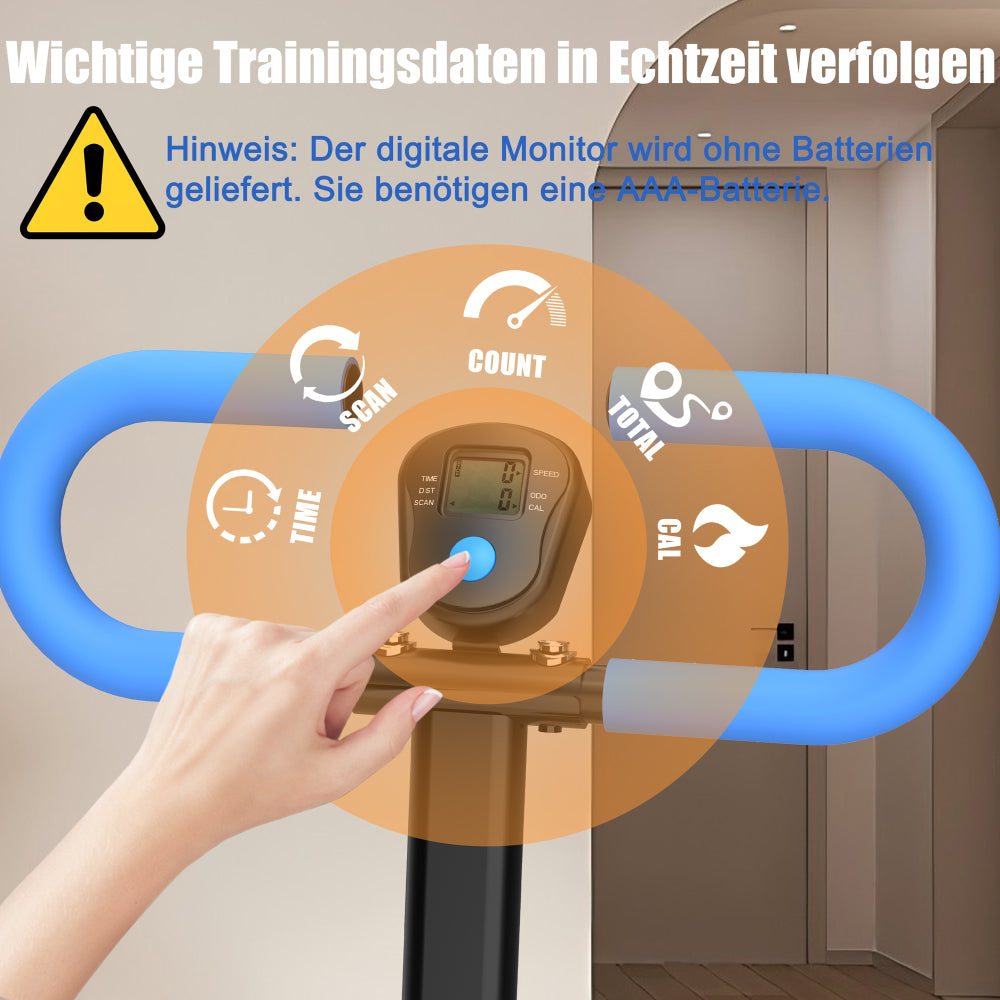 Hand bedient das LCD-Display am Lenker, um Trainingsdaten anzuzeigen.