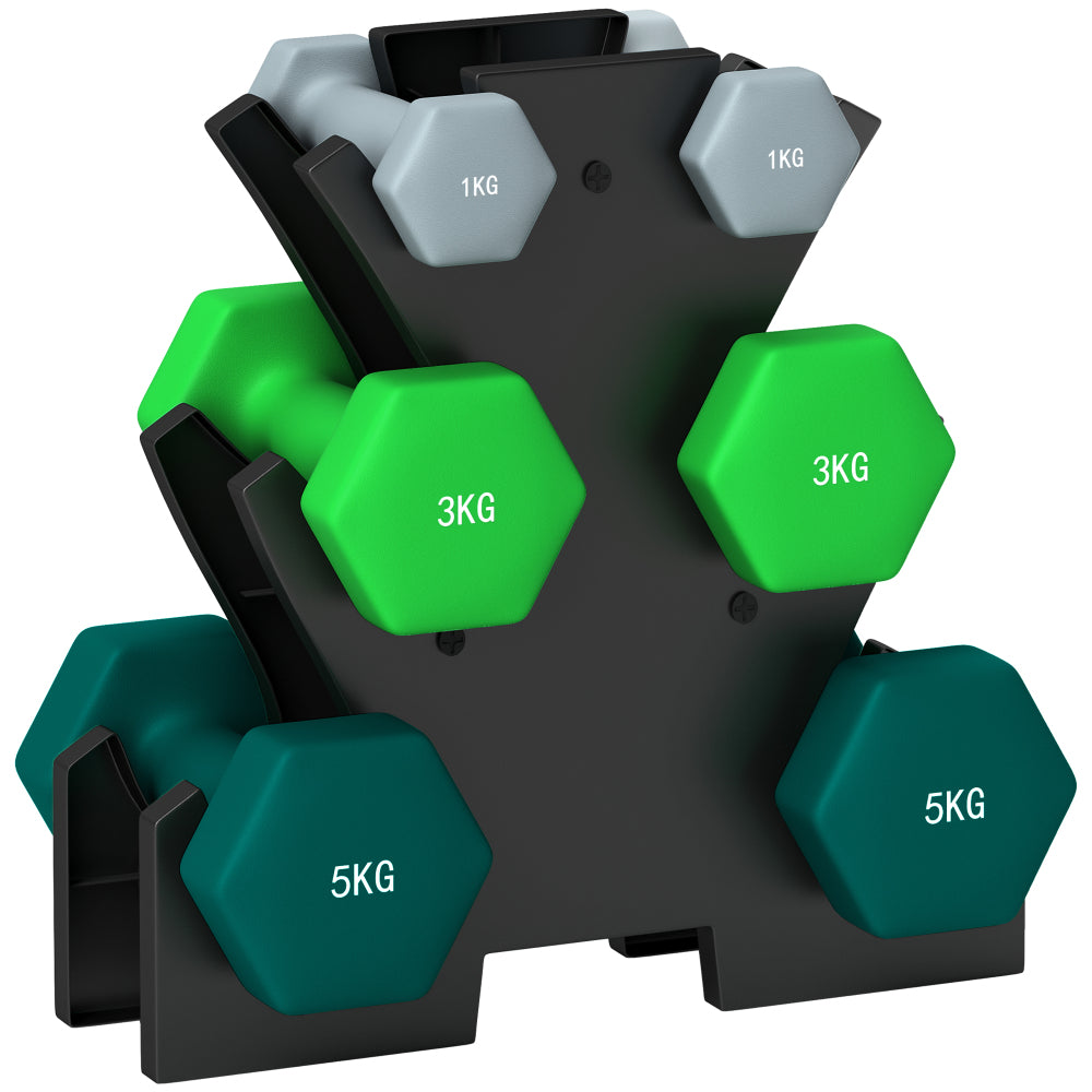 Hantelset mit Ständer: 6 Kurzhanteln (1kg, 3kg, 5kg) aufbewahrt