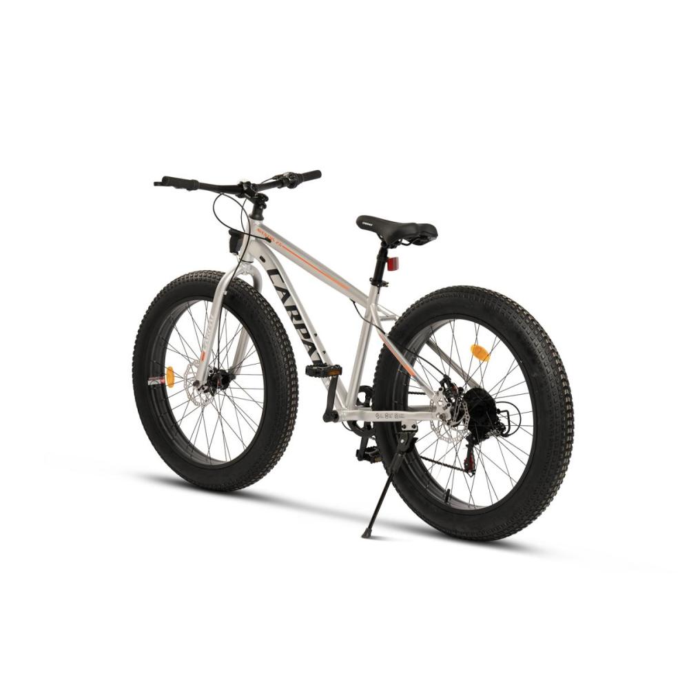 Heckansicht des Fatbikes, ideal für Schnee, Sand und anspruchsvolle Untergründe.