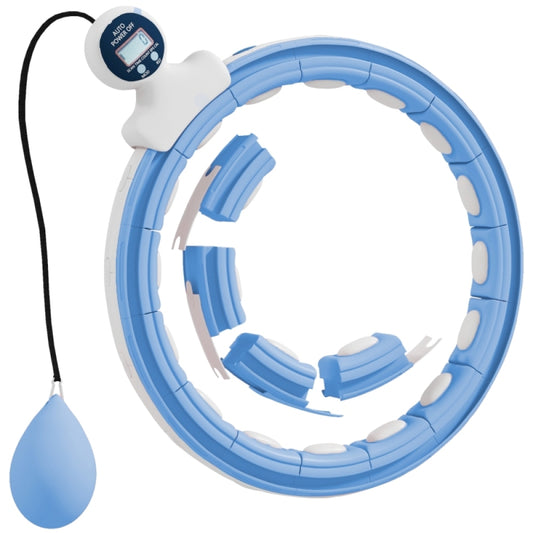 Hellblauer Smart Hula Hoop mit digitalem Display und einer orangenen Gewichtskugel am Seil.