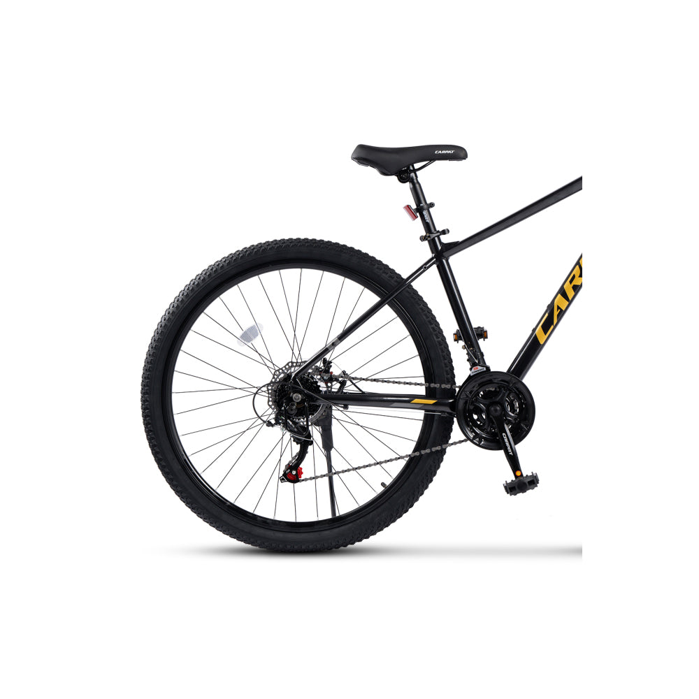 Hinterradansicht mit mechanischer Scheibenbremse und Alu-Hardtail-Rahmen in Schwarz