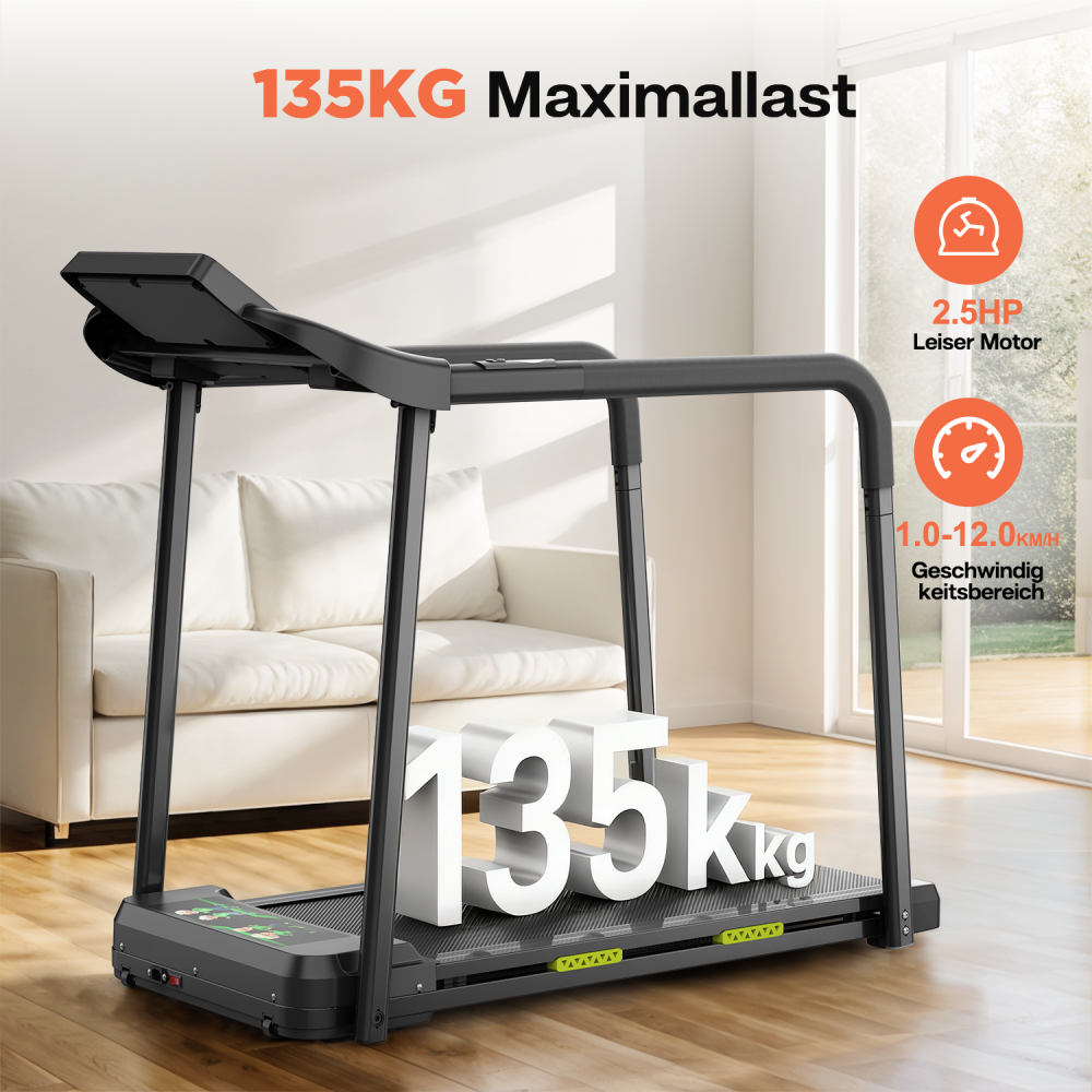 Hohe Tragkraft: Laufband bis 135kg belastbar mit 2.5 PS Motor und 12 km/h