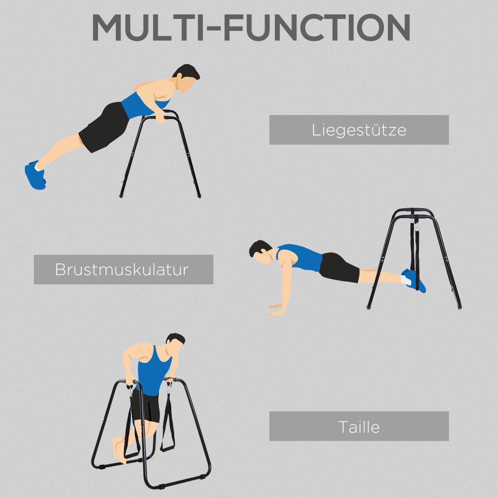 Illustration verschiedener Übungen: Dips für Trizeps, Liegestütze für die Brust und Core-Training.
