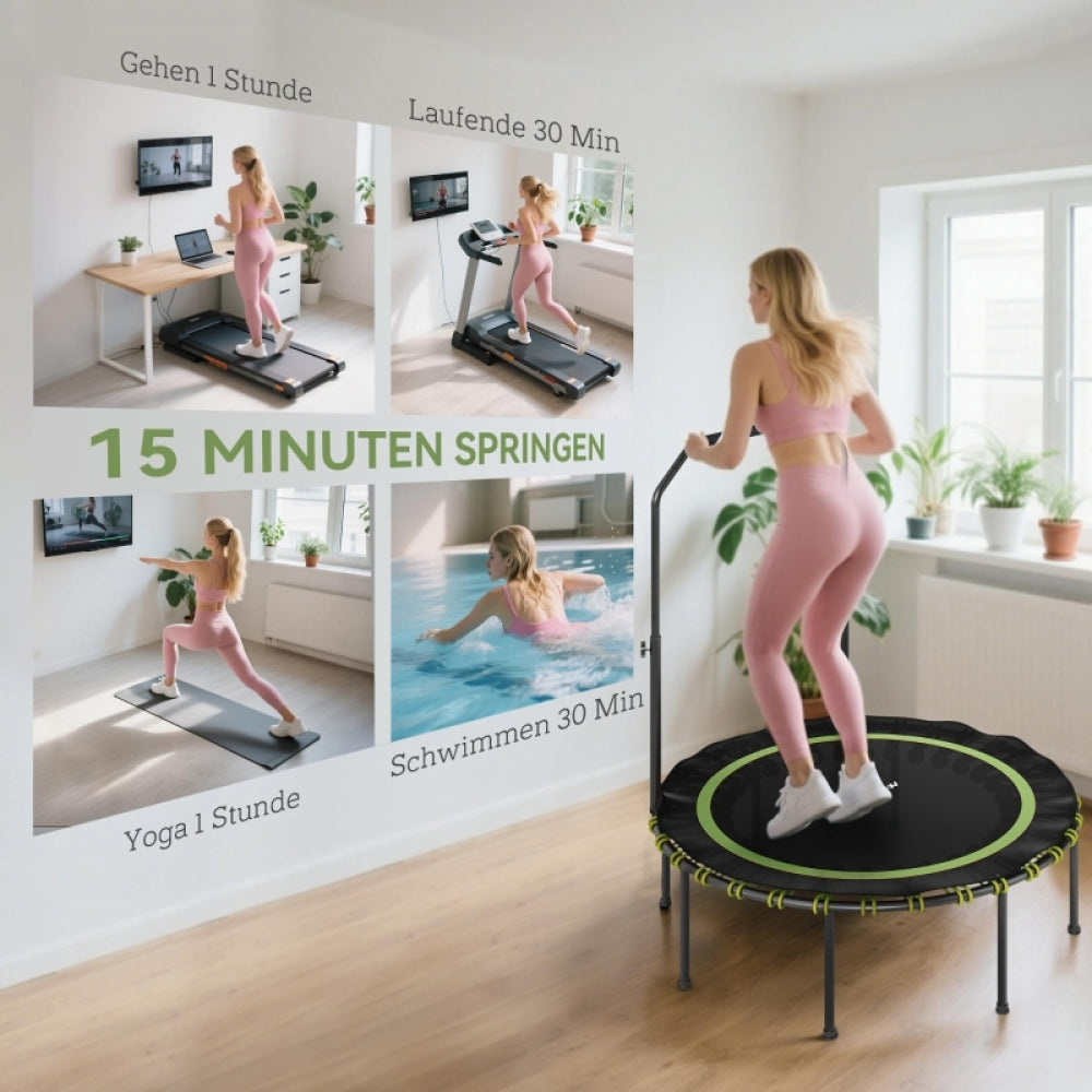 Infografik im Wohnzimmer: "15 Minuten Springen" im Vergleich zu Joggen oder Schwimmen.