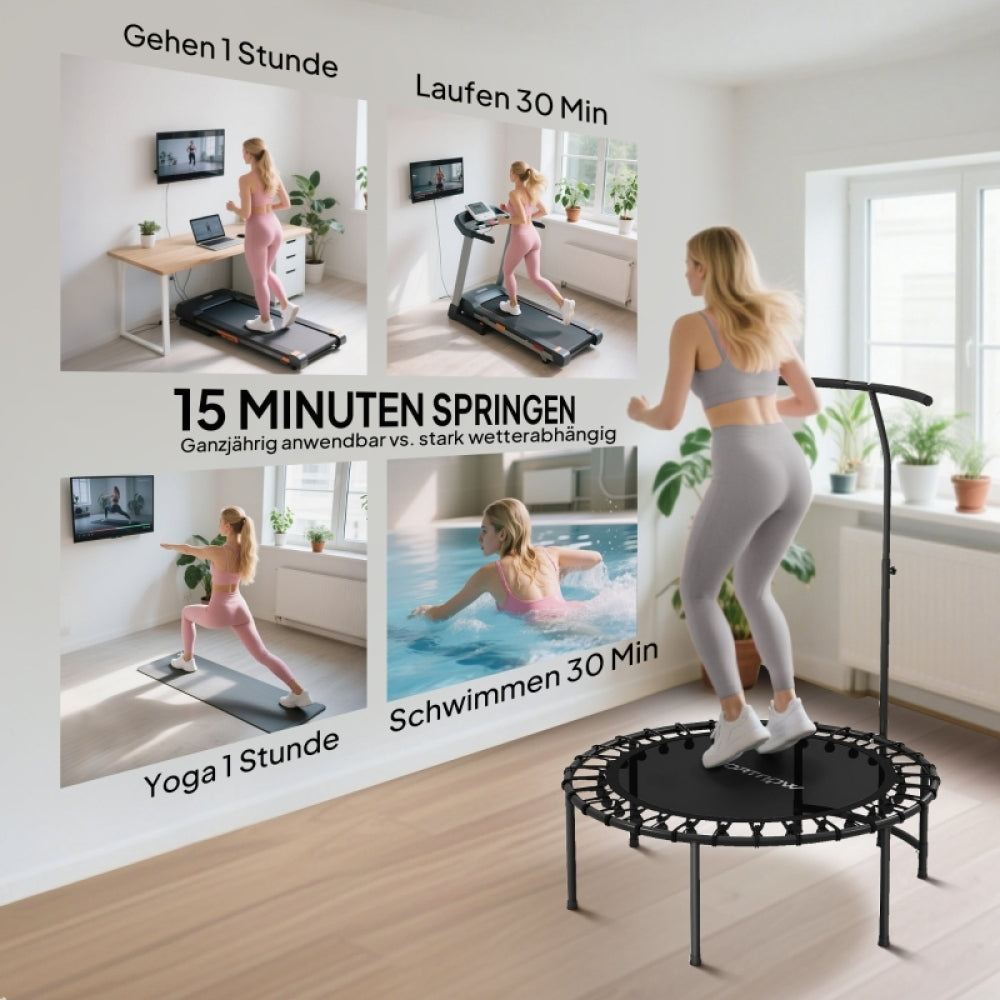 Infografik im Wohnzimmer: "15 Minuten Springen" vs. Schwimmen und Laufen.