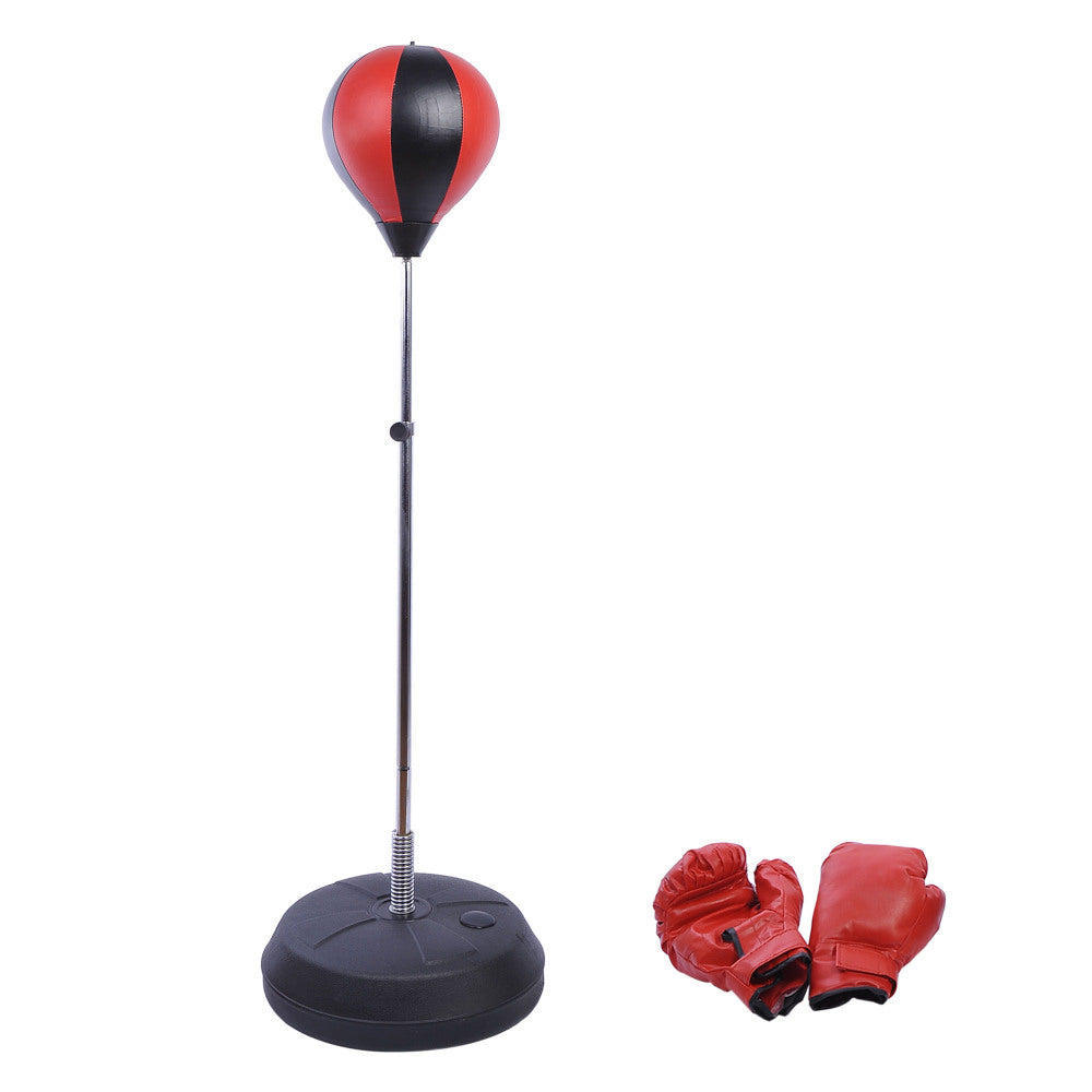 Kinder Punchingball Set höhenverstellbar in Rot-Schwarz mit Boxhandschuhen und Pumpe.