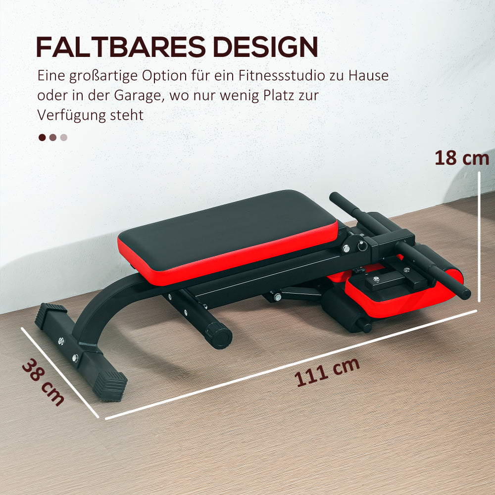 Klappbares Design: Die Fitnessbank lässt sich flach zusammenfalten (18cm hoch) für einfache Lagerung.