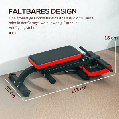Klappbares Design: Die Fitnessbank lässt sich flach zusammenfalten (18cm hoch) für einfache Lagerung.