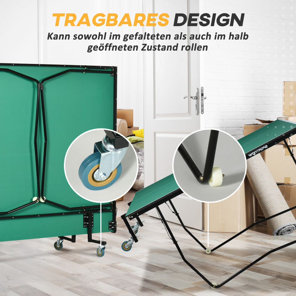 Klappmechanismus und Rollen der grünen Tischtennisplatte für einfachen Transport und Lagerung