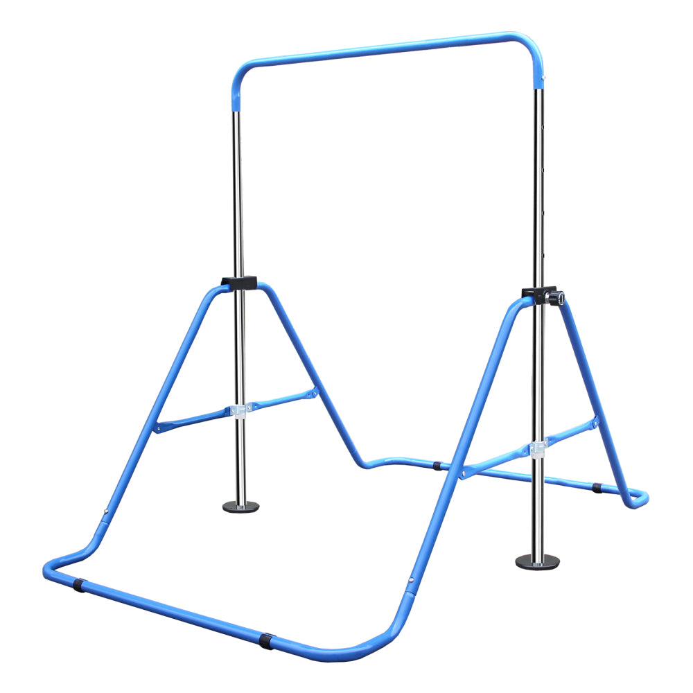 Klassische blaue Turnstange für Kinder, stabiler Stahlrahmen.