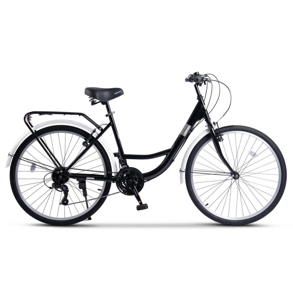 Klassisches Stadtfahrrad in Schwarz mit Hardtail-Stahlrahmen und 21-Gang Schaltung.