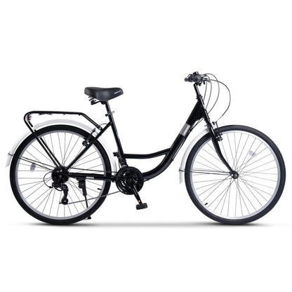 Klassisches Stadtfahrrad in Schwarz mit Hardtail-Stahlrahmen und 21-Gang Schaltung.