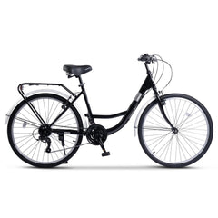 Klassisches Stadtfahrrad in Schwarz mit Hardtail-Stahlrahmen und 21-Gang Schaltung.