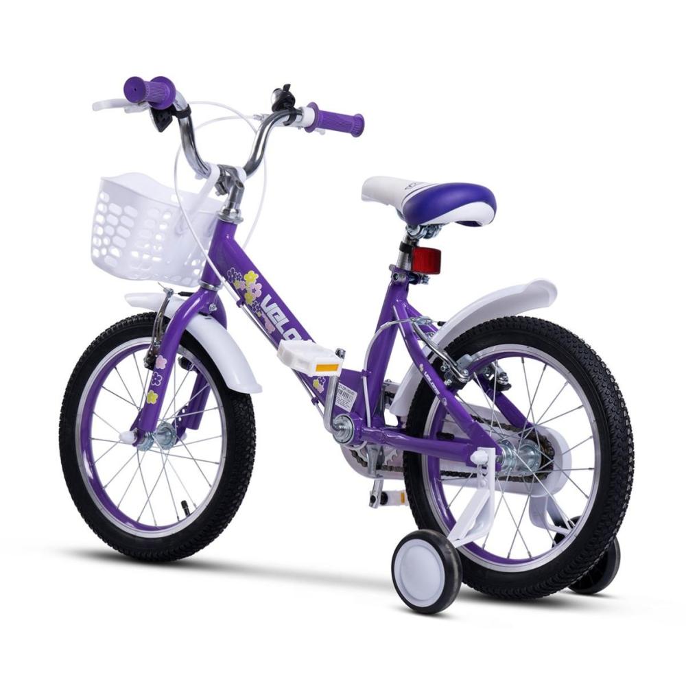 Kompaktes 16 Zoll Kinderfahrrad in Lila mit City-Reifen und Einhorn-Dekor.