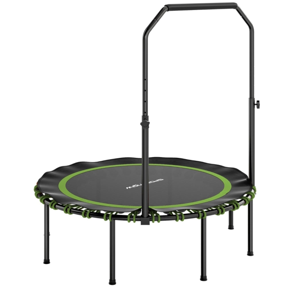 Kompaktes Fitness-Trampolin (Ø 114 cm) in Schwarz mit grünen Bungee-Halterungen und U-Haltegriff.