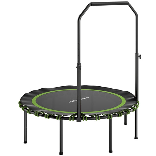 Kompaktes Fitness-Trampolin (Ø 114 cm) in Schwarz mit grünen Bungee-Halterungen und U-Haltegriff.