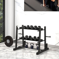 Komplett bestücktes Home-Gym-Regal mit Kurzhanteln, Kettlebells und Hantelscheiben im Trainingsraum.