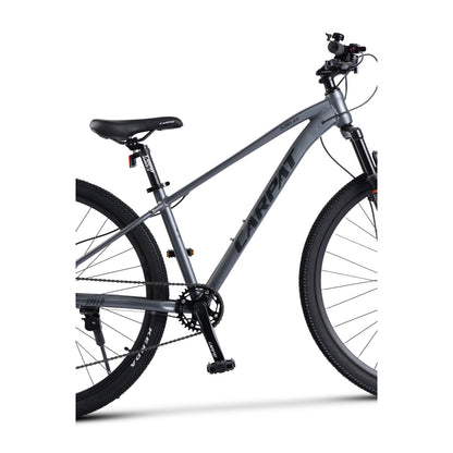 Komplettansicht des grauen 29 Zoll Hardtail-MTBs aus hinterer Schrägperspektive
