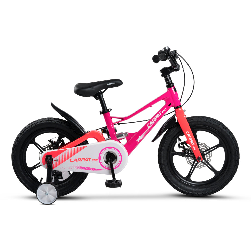 Leichtes Mädchenfahrrad in Pink-Neonorange mit abnehmbaren Stützrädern.