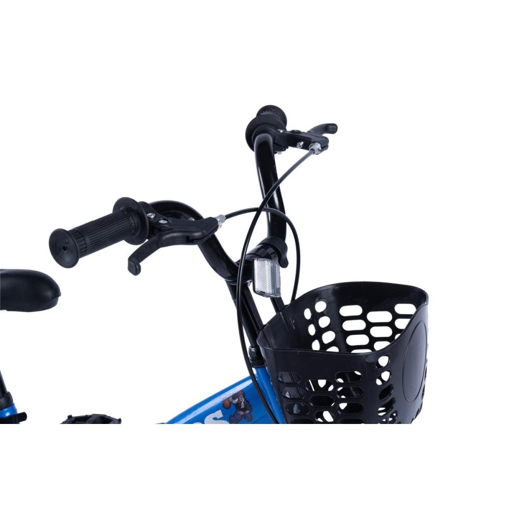 Lenker mit Klingel und schwarzen Sicherheitsgriffen am blauen Kinderbike.