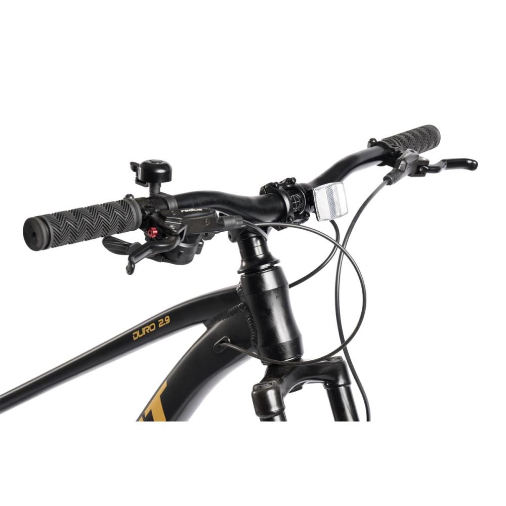 Lenkeraufnahme des schwarz-goldenen MTB mit Alivio Schalthebel und hydraulischen Bremshebeln