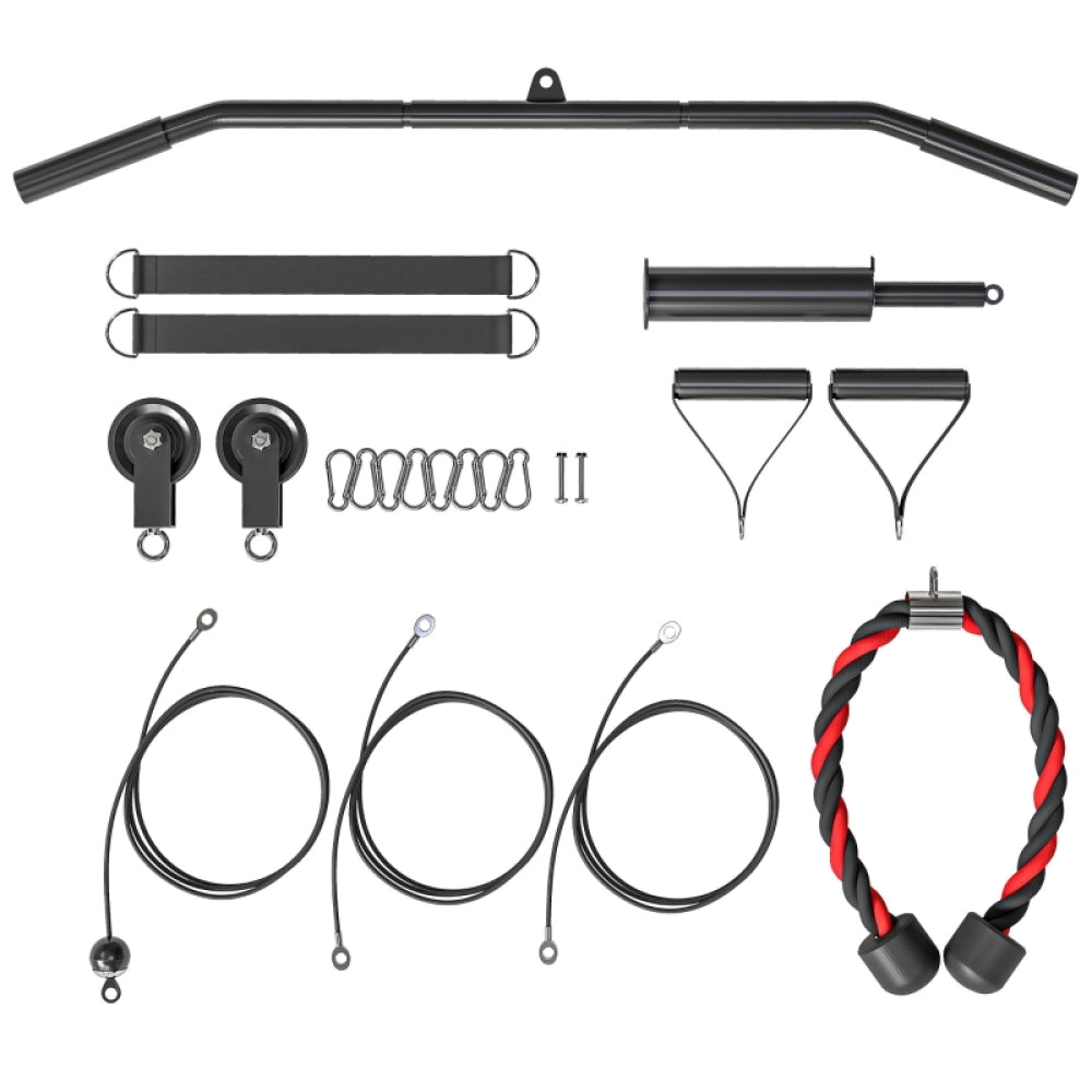 Lieferumfang: 2x Umlenkrollen, 3x Stahlkabel, Karabiner und Ladestift.