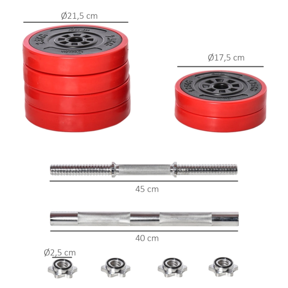 Lieferumfang: 8x 2,5kg und 4x 1,25kg Hantelscheiben mit Stangen