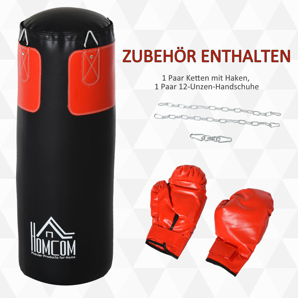 Lieferumfang: Boxsack-Set inklusive roten Boxhandschuhen und Aufhängekette.