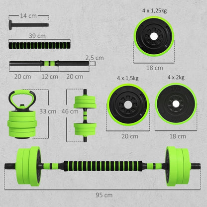 Lieferumfang: Hantelscheiben (20kg), Griffe und Kettlebell-Basis